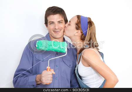 To use this stock image in your creative project, please select the size you need over to the right and click the "Add to Cart" button.
Your downloaded image will come with the Cutcaster watermark removed so don’t worry about the watermark you see on this page. Painting Couple stock photo, Portrait of young wife kissing his husband by Tyler Olson