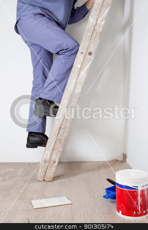 To use this stock image in your creative project, please select the size you need over to the right and click the "Add to Cart" button.
Your downloaded image will come with the Cutcaster watermark removed so don’t worry about the watermark you see on this page. Cropped image of an workman stock photo, Cropped image of an workman climbing ladder at an apartment by Tyler Olson
