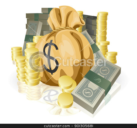 To use this stock image in your creative project, please select the size you need over to the right and click the "Add to Cart" button.
Your downloaded image will come with the Cutcaster watermark removed so don’t worry about the watermark you see on this page. Lots of money stock vector clipart, Piles of money in the form of cash and gold coins, with big money sack. by Christos Georghiou
