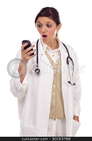 To use this stock image in your creative project, please select the size you need over to the right and click the "Add to Cart" button.
Your downloaded image will come with the Cutcaster watermark removed so don’t worry about the watermark you see on this page. Ethnic Female Doctor or Nurse Using Cell Phone stock photo, Pretty Ethnic Female Doctor or Nurse Reacting to Cell Phone Message Isolated on a White Background. by Andy Dean