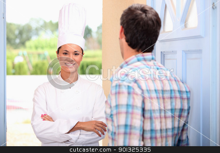 To use this stock image in your creative project, please select the size you need over to the right and click the "Add to Cart" button.
Your downloaded image will come with the Cutcaster watermark removed so don’t worry about the watermark you see on this page. Chef on doorstep stock photo, Chef on doorstep by photography33
