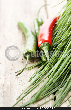 To use this stock image in your creative project, please select the size you need over to the right and click the "Add to Cart" button.
Your downloaded image will come with the Cutcaster watermark removed so don’t worry about the watermark you see on this page. Fresh vegetables stock photo, chives and chili peppers on a wooden table top by klenova