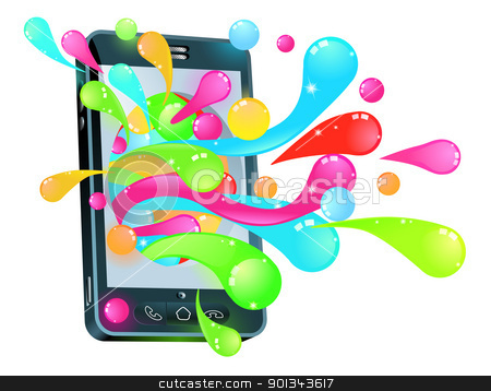 To use this stock image in your creative project, please select the size you need over to the right and click the "Add to Cart" button.
Your downloaded image will come with the Cutcaster watermark removed so don’t worry about the watermark you see on this page. Cell phone jelly bubble concept stock vector clipart, Mobile phone smartphone with jelly bubbles coming out of it by Christos Georghiou