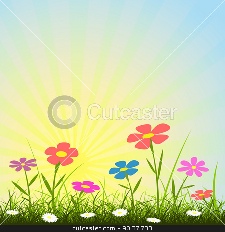 To use this stock image in your creative project, please select the size you need over to the right and click the "Add to Cart" button.
Your downloaded image will come with the Cutcaster watermark removed so don’t worry about the watermark you see on this page. Flower Background stock vector clipart, A Simple Background with Flowers and Sunbeams by Binkski Art