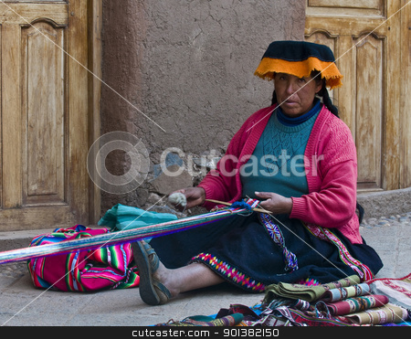To use this stock image in your creative project, please select the size you need over to the right and click the "Add to Cart" button.
Your downloaded image will come with the Cutcaster watermark removed so don’t worry about the watermark you see on this page. Peruvian woman weaving stock photo, Cusco , Peru - May 26 2011 : Quechua Indian woman weaving with strap loom by Kobby Dagan