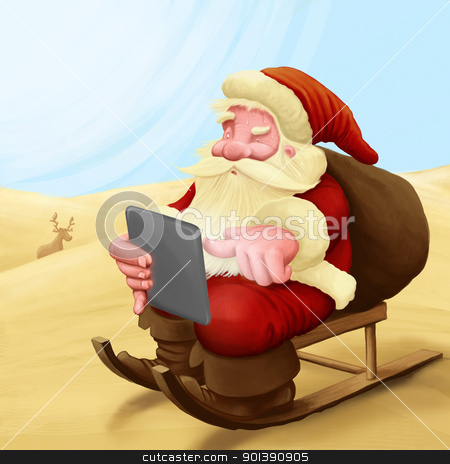To use this stock image in your creative project, please select the size you need over to the right and click the "Add to Cart" button.
Your downloaded image will come with the Cutcaster watermark removed so don’t worry about the watermark you see on this page. Santa Claus lost stock photo, Santa Claus with you tablet lost in the desert by Giordano Aita
