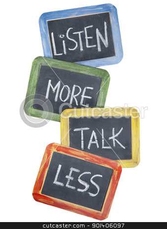 To use this stock image in your creative project, please select the size you need over to the right and click the "Add to Cart" button.
Your downloaded image will come with the Cutcaster watermark removed so don’t worry about the watermark you see on this page. listen more, talk less stock photo, listen more, talk less - communication concept or advice - white chalk handwriting on small slate blackboards, isolated on white by Marek Uliasz