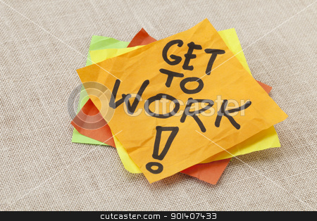 To use this stock image in your creative project, please select the size you need over to the right and click the "Add to Cart" button.
Your downloaded image will come with the Cutcaster watermark removed so don’t worry about the watermark you see on this page. Get to work reminder stock photo, Get to work! A motivation reminder on a stack of sticky notes. by Marek Uliasz