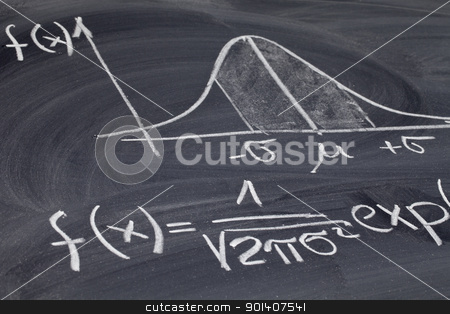 To use this stock image in your creative project, please select the size you need over to the right and click the "Add to Cart" button.
Your downloaded image will come with the Cutcaster watermark removed so don’t worry about the watermark you see on this page. Gaussian or bell curve on a blackboard stock photo, Gaussian, bell or normal distribution curve with equation sketched with white chalk on a blackboard by Marek Uliasz