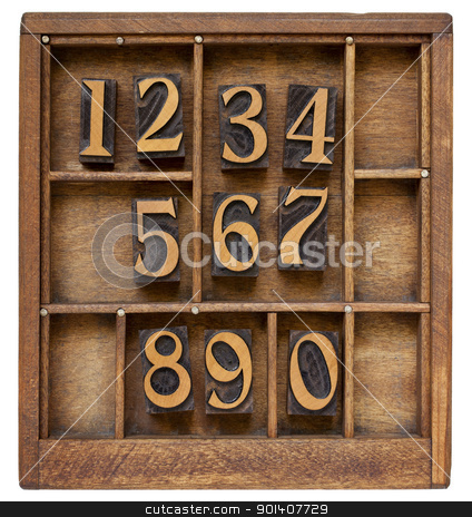 To use this stock image in your creative project, please select the size you need over to the right and click the "Add to Cart" button.
Your downloaded image will come with the Cutcaster watermark removed so don’t worry about the watermark you see on this page. numbers in letterpress type stock photo, ten arabic numerals from zero to nine, vintage wood letterpress blocks stained by black ink in old typesetter case with dividers by Marek Uliasz