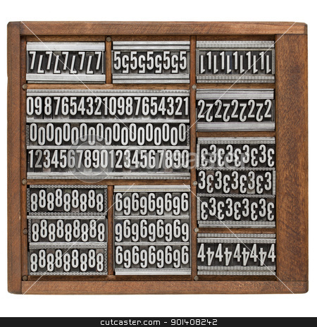 To use this stock image in your creative project, please select the size you need over to the right and click the "Add to Cart" button.
Your downloaded image will come with the Cutcaster watermark removed so don’t worry about the watermark you see on this page. number abstract in letterpress type stock photo, numbers and ornaments - vintage metal printing blocks in wood retro typesetter box, isolated on white by Marek Uliasz