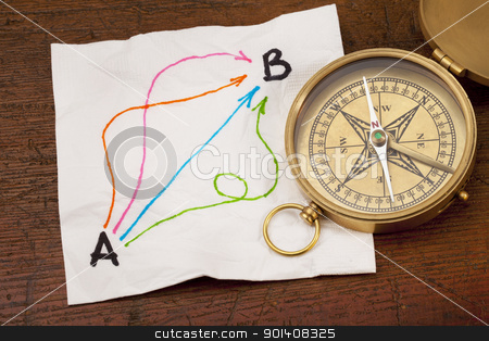 To use this stock image in your creative project, please select the size you need over to the right and click the "Add to Cart" button.
Your downloaded image will come with the Cutcaster watermark removed so don’t worry about the watermark you see on this page. pathways from point A to B stock photo, alternative pathways from point A to point B - napkin doodle with vintage brass compass on a wooden table by Marek Uliasz