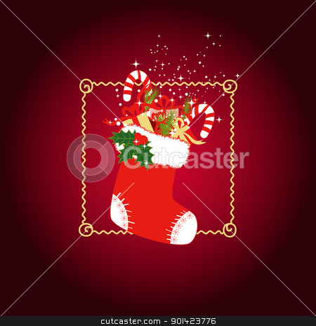 To use this stock image in your creative project, please select the size you need over to the right and click the "Add to Cart" button.
Your downloaded image will come with the Cutcaster watermark removed so don’t worry about the watermark you see on this page. Christmas greeting card stock vector clipart, Christmas stocking with colorful Christmas gifts on red background by meikis