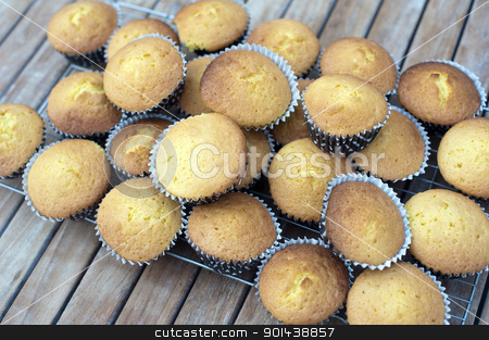 To use this stock image in your creative project, please select the size you need over to the right and click the "Add to Cart" button.
Your downloaded image will come with the Cutcaster watermark removed so don’t worry about the watermark you see on this page. party mini cakes stock photo, a stack of fresh baked party cakes on a cooling tray by Stephen Gibson