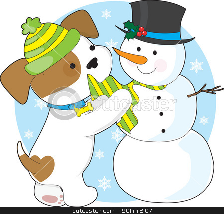 To use this stock image in your creative project, please select the size you need over to the right and click the "Add to Cart" button.
Your downloaded image will come with the Cutcaster watermark removed so don’t worry about the watermark you see on this page. Cute Puppy and Snowman stock vector clipart, A cute puppy with a striped toque, plays with a snowman with a top-hat and striped scarf. by Maria Bell