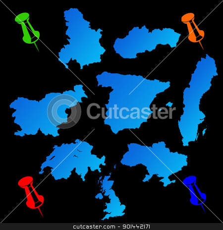 To use this stock image in your creative project, please select the size you need over to the right and click the "Add to Cart" button.
Your downloaded image will come with the Cutcaster watermark removed so don’t worry about the watermark you see on this page. European countries travel maps stock photo, European countries travel maps with push pins on black background. by Martin Crowdy