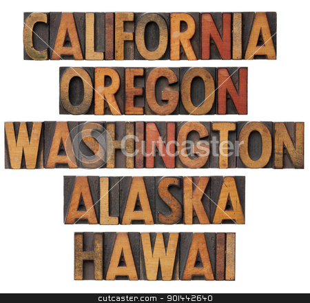 To use this stock image in your creative project, please select the size you need over to the right and click the "Add to Cart" button.
Your downloaded image will come with the Cutcaster watermark removed so don’t worry about the watermark you see on this page. California and Pacific states stock photo, California , Oregon, Washington, Alaska and Hawaii - USA Pacific states - collage of isolated words in vintage wood letterpress printing blocks with color ink patina by Marek Uliasz