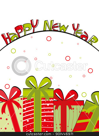 To use this stock image in your creative project, please select the size you need over to the right and click the "Add to Cart" button.
Your downloaded image will come with the Cutcaster watermark removed so don’t worry about the watermark you see on this page. creative & colorful art work design for new year celebration stock vector clipart, white circle background with gifts theme greeting card for colorful happy new year by Abdul Qaiyoom