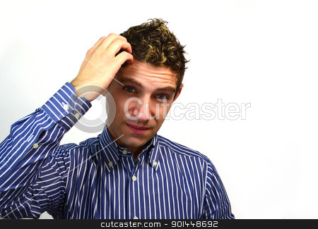 To use this stock image in your creative project, please select the size you need over to the right and click the "Add to Cart" button.
Your downloaded image will come with the Cutcaster watermark removed so don’t worry about the watermark you see on this page. Attractive guy scratching his head stock photo, Good looking young man thinking by Stefano Cavoretto