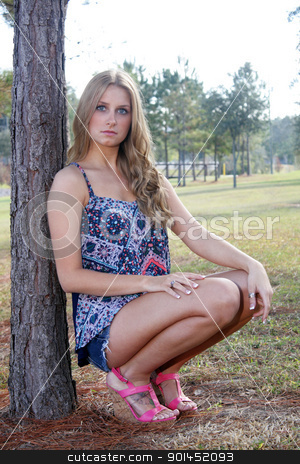 To use this stock image in your creative project, please select the size you need over to the right and click the "Add to Cart" button.
Your downloaded image will come with the Cutcaster watermark removed so don’t worry about the watermark you see on this page. Beautiful Young Blonde Outdoors (6) stock photo, A lovely, young blonde with long, beautiful legs, leans against a pine tree outdoors. by Carl Stewart