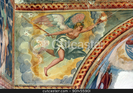 To use this stock image in your creative project, please select the size you need over to the right and click the "Add to Cart" button.
Your downloaded image will come with the Cutcaster watermark removed so don’t worry about the watermark you see on this page. Archangel Gabriel stock photo, Archangel Gabriel, Fresco paintings in the old church by Zvonimir Atletic