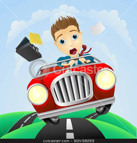 To use this stock image in your creative project, please select the size you need over to the right and click the "Add to Cart" button.
Your downloaded image will come with the Cutcaster watermark removed so don’t worry about the watermark you see on this page. Young businessman driving fast classic car stock vector clipart, A young businessman looking very scared driving fast in classic sports car
by Christos Georghiou