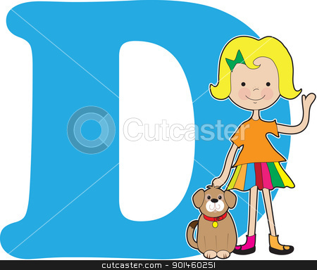 To use this stock image in your creative project, please select the size you need over to the right and click the "Add to Cart" button.
Your downloaded image will come with the Cutcaster watermark removed so don’t worry about the watermark you see on this page. Alphabet Girl D stock vector clipart, A young girl holding a dog to stand for the letter D by Maria Bell