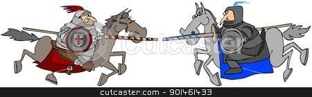 To use this stock image in your creative project, please select the size you need over to the right and click the "Add to Cart" button.
Your downloaded image will come with the Cutcaster watermark removed so don’t worry about the watermark you see on this page. Two Jousting Knights On Horseback stock photo, This illustration depicts two knights in armor racing towards each other on horseback. by Dennis Cox