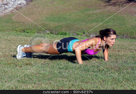 To use this stock image in your creative project, please select the size you need over to the right and click the "Add to Cart" button.
Your downloaded image will come with the Cutcaster watermark removed so don’t worry about the watermark you see on this page. Beautiful Brunette Does Pushups Outdoors (4) stock photo, A lovely young athlete does pushups outdoors. Generous copyspace. by Carl Stewart