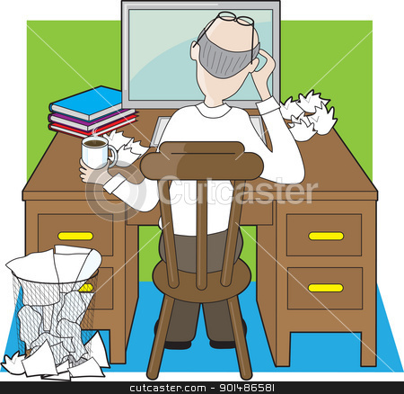 To use this stock image in your creative project, please select the size you need over to the right and click the "Add to Cart" button.
Your downloaded image will come with the Cutcaster watermark removed so don’t worry about the watermark you see on this page. Deskwork stock vector clipart, An office worker, or writer working at a wooden desk, seems to be frustrated by his progress. by Maria Bell