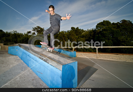 To use this stock image in your creative project, please select the size you need over to the right and click the "Add to Cart" button.
Your downloaded image will come with the Cutcaster watermark removed so don’t worry about the watermark you see on this page. Skateboarder on a grind stock photo, Skateboarder on a grind at the local skatepark. by Homydesign