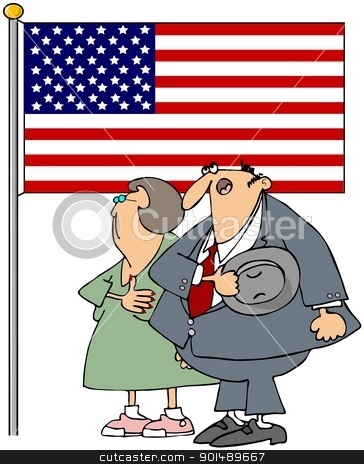 To use this stock image in your creative project, please select the size you need over to the right and click the "Add to Cart" button.
Your downloaded image will come with the Cutcaster watermark removed so don’t worry about the watermark you see on this page. Couple Pledging Allegiance stock photo, This illustration depicts a man & woman pledging allegiance to the American flag. by Dennis Cox