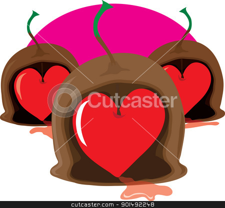 To use this stock image in your creative project, please select the size you need over to the right and click the "Add to Cart" button.
Your downloaded image will come with the Cutcaster watermark removed so don’t worry about the watermark you see on this page. Chocolate Cherry Heart stock vector clipart, Three stylized maraschino cherry chocolates with stems, have been cut open to reveal Valentine, heart shaped, cherry centers. by Maria Bell