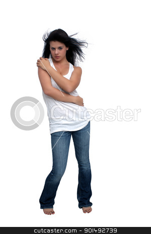 To use this stock image in your creative project, please select the size you need over to the right and click the "Add to Cart" button.
Your downloaded image will come with the Cutcaster watermark removed so don’t worry about the watermark you see on this page. Beautiful Brunette with Hair Blowing (2) stock photo, A studio glamour full-length portrait of a lovely young brunette with her hair blowing, isolated on a white background with generous copyspace. by Carl Stewart