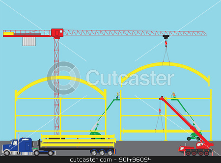 To use this stock image in your creative project, please select the size you need over to the right and click the "Add to Cart" button.
Your downloaded image will come with the Cutcaster watermark removed so don’t worry about the watermark you see on this page. Construction Site stock vector clipart, A Construction Site with Tower Crane Cherry Pickers Mobile Crane and Semi Trailer Loaded with Girders by d40xboy