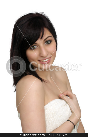 To use this stock image in your creative project, please select the size you need over to the right and click the "Add to Cart" button.
Your downloaded image will come with the Cutcaster watermark removed so don’t worry about the watermark you see on this page. Beautiful Young Woman Wearing a Bath Towel (1) stock photo, A studio close-up of a lovely young woman wrapped in a white bath towel, isolated on a white background. by Carl Stewart