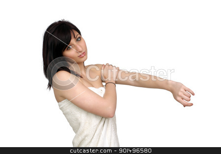 To use this stock image in your creative project, please select the size you need over to the right and click the "Add to Cart" button.
Your downloaded image will come with the Cutcaster watermark removed so don’t worry about the watermark you see on this page. Beautiful Young Woman Wearing a Bath Towel (2) stock photo, A studio close-up of a lovely young woman wrapped in a white bath towel, rubbing lotion on her arm, isolated on a white background. by Carl Stewart