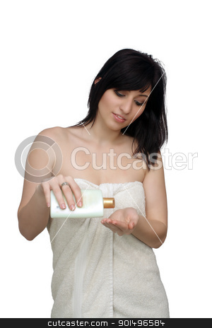 To use this stock image in your creative project, please select the size you need over to the right and click the "Add to Cart" button.
Your downloaded image will come with the Cutcaster watermark removed so don’t worry about the watermark you see on this page. Beautiful Young Woman Wearing a Bath Towel (6) stock photo, A studio close-up of a lovely young woman wrapped in a white bath towel, pouring lotion into her hand. Isolated on a white background. by Carl Stewart