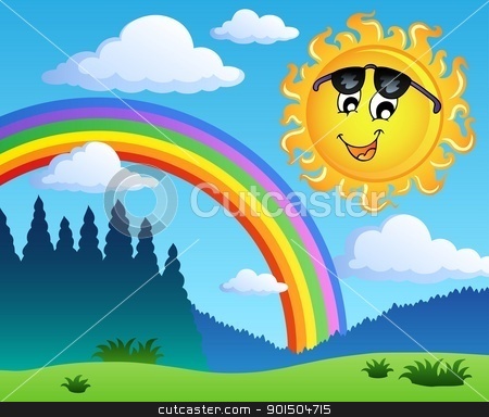 To use this stock image in your creative project, please select the size you need over to the right and click the "Add to Cart" button.
Your downloaded image will come with the Cutcaster watermark removed so don’t worry about the watermark you see on this page. Landscape with rainbow and Sun 1 stock vector clipart, Landscape with rainbow and Sun 1 - vector illustration. by Klara Viskova