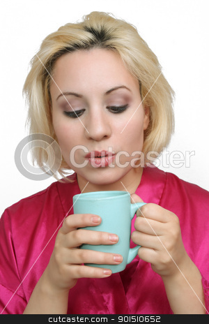 To use this stock image in your creative project, please select the size you need over to the right and click the "Add to Cart" button.
Your downloaded image will come with the Cutcaster watermark removed so don’t worry about the watermark you see on this page. Beautiful Blonde with Coffee (2) stock photo, A lovely young blonde with a captivating smile, wearing a bathrobe and about to take a sip of coffee. by Carl Stewart