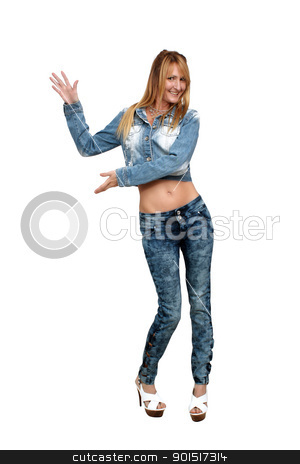 To use this stock image in your creative project, please select the size you need over to the right and click the "Add to Cart" button.
Your downloaded image will come with the Cutcaster watermark removed so don’t worry about the watermark you see on this page. Beautiful Blonde Hostess (1) stock photo, A lovely blonde hostess points at your text or graphic. Isolated on a white background with generous copyspace. by Carl Stewart