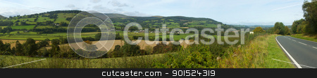 To use this stock image in your creative project, please select the size you need over to the right and click the "Add to Cart" button.
Your downloaded image will come with the Cutcaster watermark removed so don’t worry about the watermark you see on this page. Panoramic view the Usk valley and A40 road in Wales UK. stock photo, Panoramic view the Usk valley and A40 road in Wales UK. by Stephen Rees