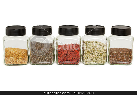 To use this stock image in your creative project, please select the size you need over to the right and click the "Add to Cart" button.
Your downloaded image will come with the Cutcaster watermark removed so don’t worry about the watermark you see on this page. flax, chia, hemp seeds and goji stock photo, row of glass jars with healthy seeds and berries - gold and brown flax, hemp, chia seeds, goji (wolfberries) by Marek Uliasz