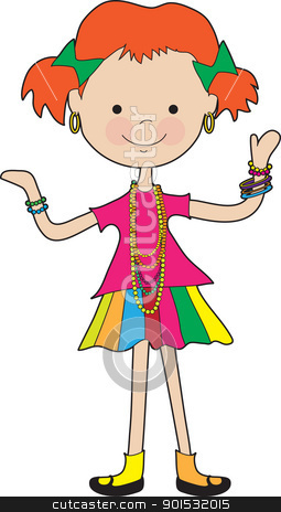 To use this stock image in your creative project, please select the size you need over to the right and click the "Add to Cart" button.
Your downloaded image will come with the Cutcaster watermark removed so don’t worry about the watermark you see on this page. Little Girl Jewelry stock vector clipart, A brightly dressed young girl, is adorned with some very colorful jewelry. by Maria Bell