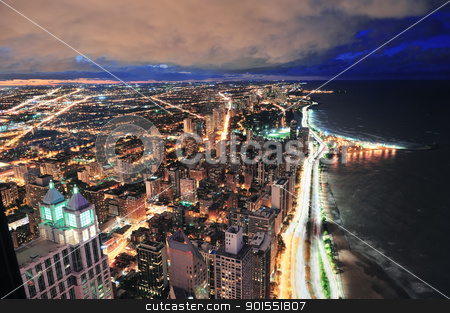 To use this stock image in your creative project, please select the size you need over to the right and click the "Add to Cart" button.
Your downloaded image will come with the Cutcaster watermark removed so don’t worry about the watermark you see on this page. Chicago skyline panorama aerial view stock photo, Chicago skyline panorama aerial view with skyscrapers over Lake Michigan with cloudy sky at dusk. by rabbit75_cut