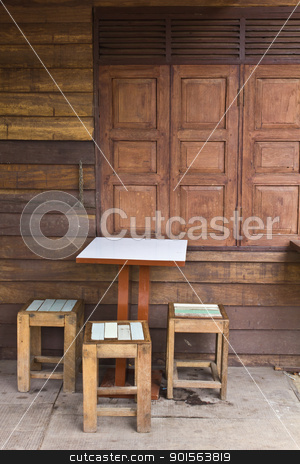 To use this stock image in your creative project, please select the size you need over to the right and click the "Add to Cart" button.
Your downloaded image will come with the Cutcaster watermark removed so don’t worry about the watermark you see on this page. Wooden tables and chairs near the old window stock photo, Wooden tables and chairs near the old window by Lavoview