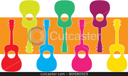 To use this stock image in your creative project, please select the size you need over to the right and click the "Add to Cart" button.
Your downloaded image will come with the Cutcaster watermark removed so don’t worry about the watermark you see on this page. Uke Graphic stock vector clipart, A display of ukuleles in vibrant colors, juxtaposed over a pumpkin color background. by Maria Bell