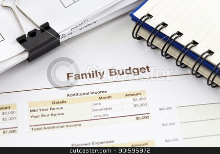 To use this stock image in your creative project, please select the size you need over to the right and click the "Add to Cart" button.
Your downloaded image will come with the Cutcaster watermark removed so don’t worry about the watermark you see on this page. Family Budget stock photo, Spreadsheet printout, pile of receipts and a spiral notebook by gustavotoledo
