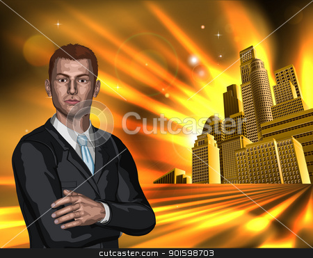To use this stock image in your creative project, please select the size you need over to the right and click the "Add to Cart" button.
Your downloaded image will come with the Cutcaster watermark removed so don’t worry about the watermark you see on this page. Business man with city background stock vector clipart, A young business man in a suit with city office blocks in the background.
by Christos Georghiou