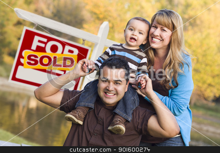 To use this stock image in your creative project, please select the size you need over to the right and click the "Add to Cart" button.
Your downloaded image will come with the Cutcaster watermark removed so don’t worry about the watermark you see on this page. Mixed Race Couple, Baby, Sold Real Estate Sign stock photo, Happy Mixed Race Couple with Baby in Front of Sold Real Estate Sign. by Andy Dean